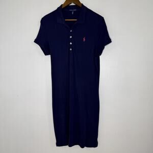 Ralph Lauren Polo Dress Womens Large Blue Short Sleeve Collared Pink Pony Logo